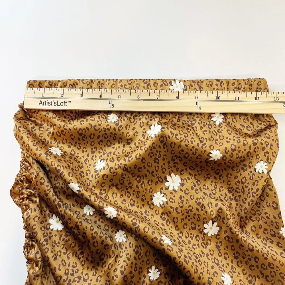 For Love & Lemons Tawney Midi Skirt Brown‎ Leopard Floral Satin Ruched - Size XS